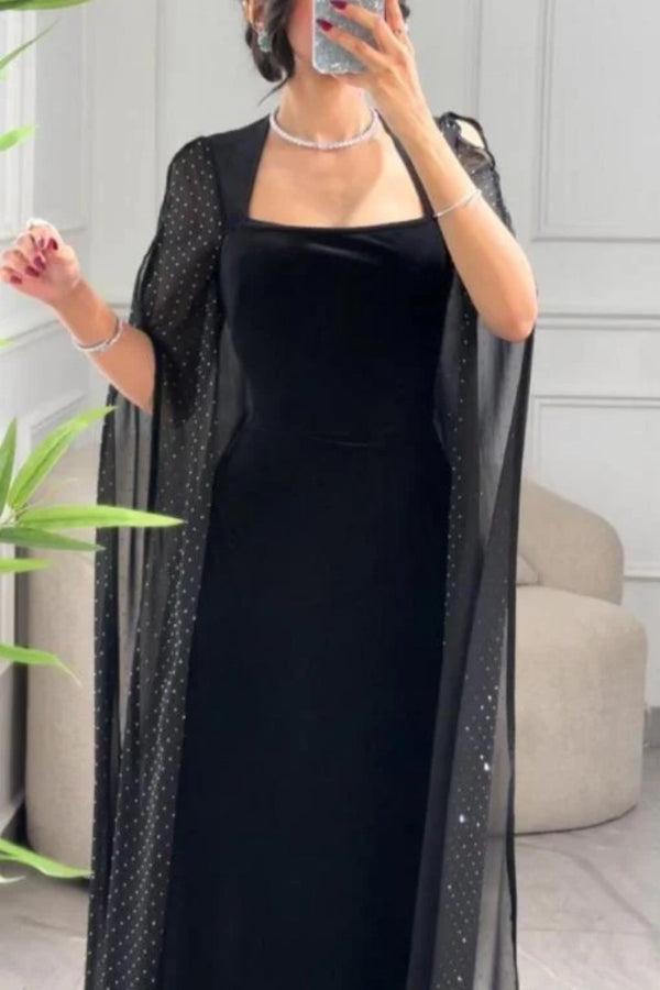 Solid Color Velvet Square Neck Slim Fit Rhinestone Maxi Dress