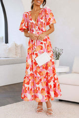 Holiday Flower Print Puff Sleeve Midi Dress