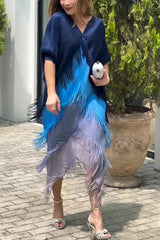Fashionable Color-blocked Multi-layered Tassel Loose Midi Dress
