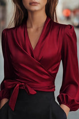 Satin V-neck Long-sleeved Casual Tie-wst Shirt