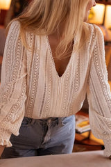 Elegant Openwork V-neck Long-sleeved Casual Shirt