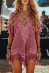 Unique Printed V-Neck Short Sleeve Fringe Loose Mini Dress