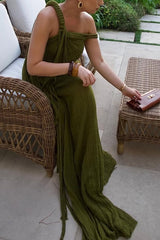 Khloe Linen Blend One Shoulder Draped Brds Cover Up Maxi Dress