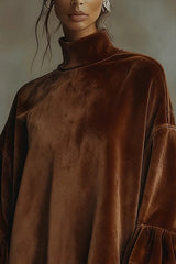 Fashionable Velvet Leopard Print Loose-fitting Turtleneck Long-sleeved Mini Dress