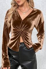 Fashionable Velvet Sequined Long-sleeved Pleated Fitted Top