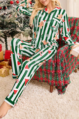 Color-blocked Striped Christmas Print Casual Long-sleeved Shirt and Elastic Waist Pants Set