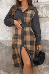 Retro Plaid Patchwork Casual Belt Workplace Style Midi Dress