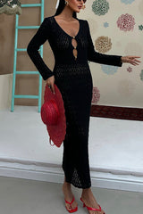Fashion V-neck Long-sleeved Hollow Slim Maxi Dress