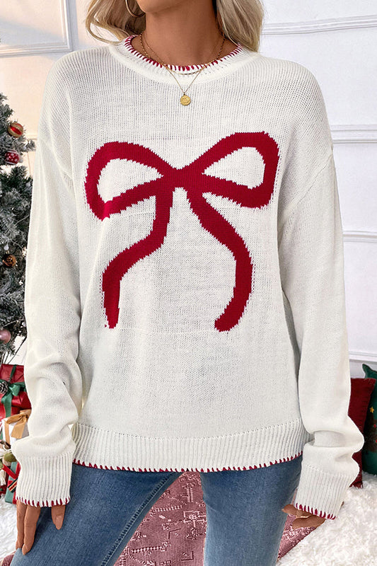 Christmas Contrasting Color Big Bow Round Neck Long Sleeve Loose Knitted Sweater