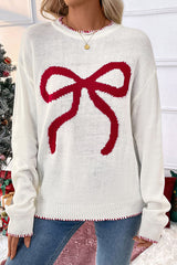 Christmas Contrasting Color Big Bow Round Neck Long Sleeve Loose Knitted Sweater
