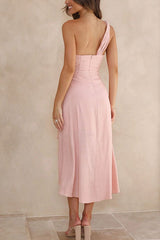 Rocco Linen Blend Wrap Asymmetrical Hemline Midi Dress