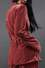 Solid Color Velvet Long-sleeved Waist Tie Top and Elastic Waist Casual Pocket Straight-leg Pants Set