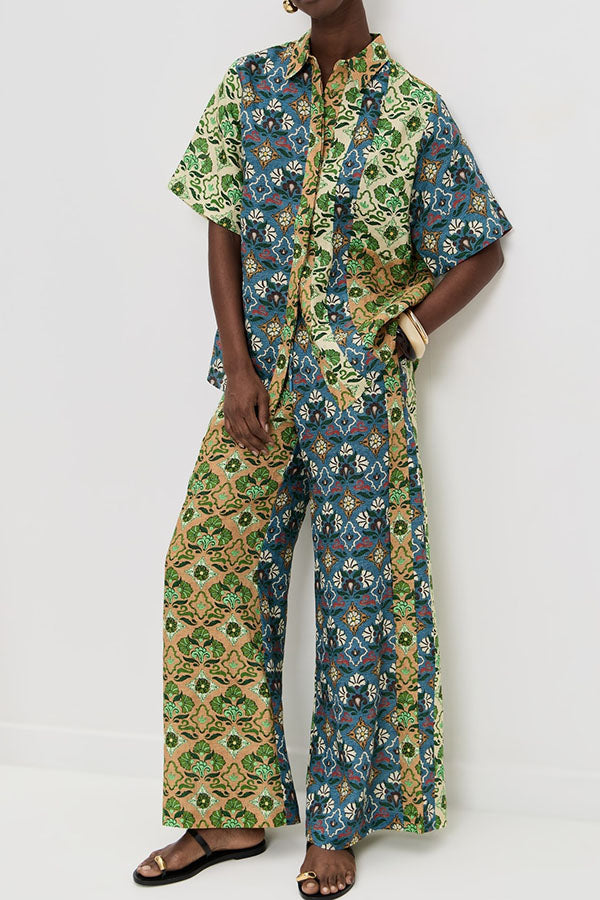 Colorblock Linen Blend Floral Print Short Sleeve Loose Blouse and Elastic Waist Pocket Wide Leg Pants Set