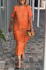 Linen Blend Solid Color Round Neck Casual Loose Midi Dress