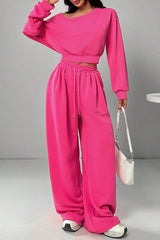 Solid Color Loose Long-sleeved Short Top and Elastic Waist Casual Pocket Wide-leg Pants Set