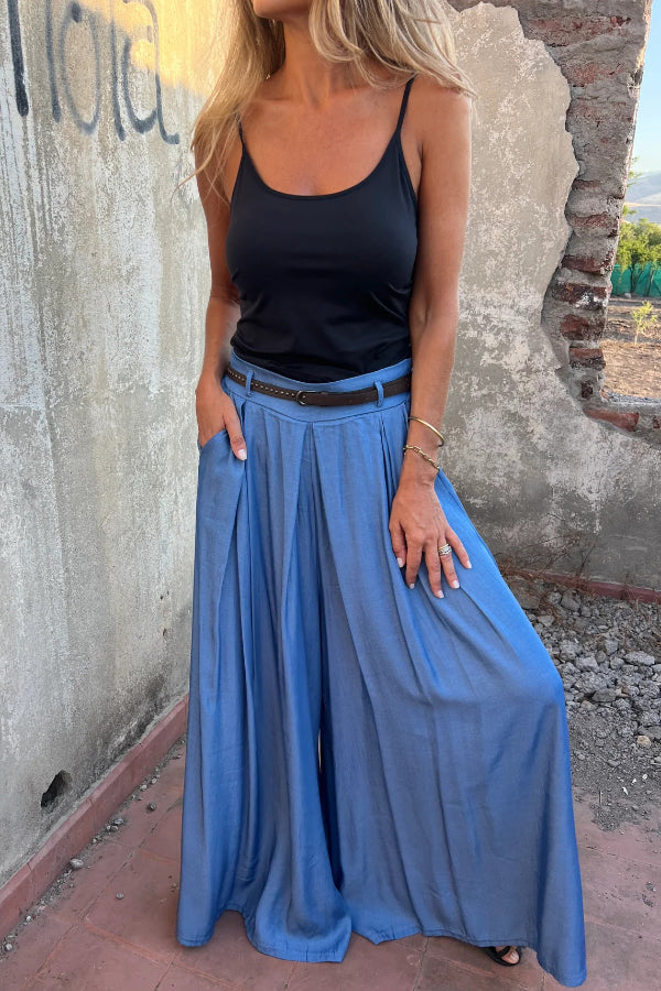 Solid Color Elastic Waist Casual Pocket Loose Wide-leg Pants