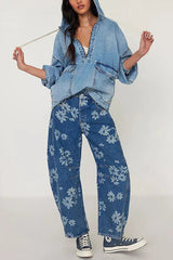 Fashion Loose Pocket Casual Denim Zipper Hoodie