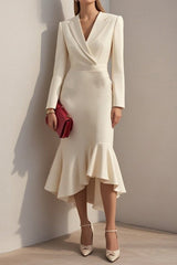Fashion Lapel Long-sleeved Elegant Hip-wrapped Fishtail Midi Dress