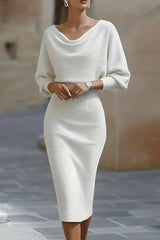 Solid Color Batwing Sleeve Fitted Wst Elegant Midi Dress