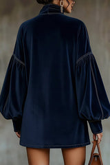 Solid Color Velvet Bow Tie Lantern Sleeve Loose Mini Dress