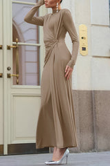 Solid Color Knit Long-sleeved Knotted Slim-fit Maxi Dress