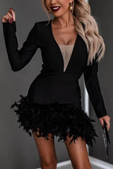 Make Your Entrance Feather Long Sleeve Asymmetric Party Mini Dress