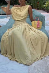 Gwen Soft Knit Fabric Off Shoulder Ruched Detail Drape Maxi Dress