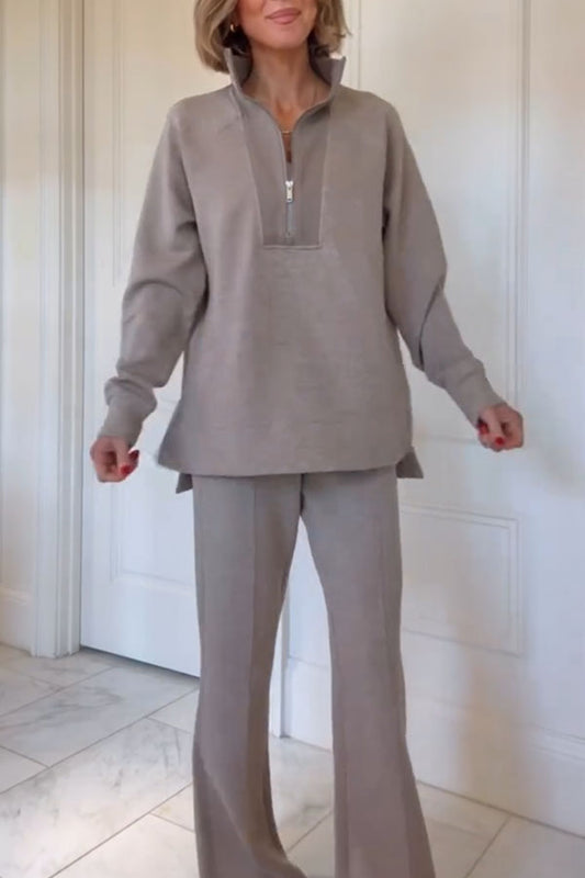Alfia Ribbed Stand Zipper Neck Long Sleeve Sweatshirt and Button Elastic Waist Pocketed Loose Pants Set