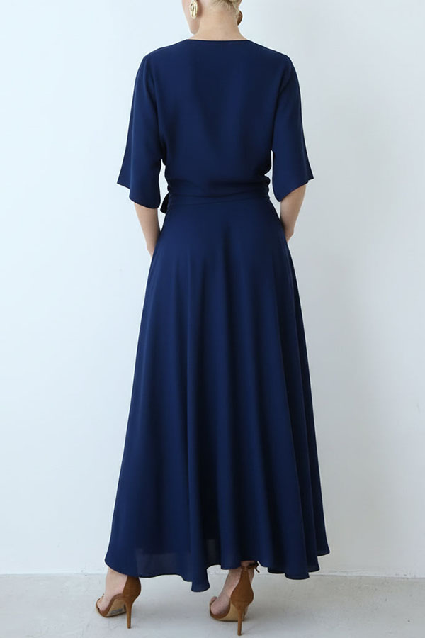 Modern and Elegant Satin Half Wide Sleeve Wrap Style Pocket Slit Loose Maxi Dress