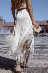 Elegant Tassel Hem Elastic Waist Casual Maxi Skirt