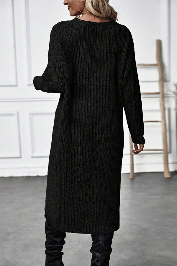 Solid Color Round Neck Long Sleeve Loose Slit Knitted Sweater