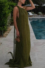 Khloe Linen Blend One Shoulder Draped Brds Cover Up Maxi Dress