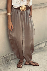 Chic Moment Glittery Fabric High Rise Elastic Wst Pocket Bubble Hem Pants