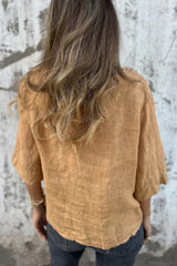 Linen Blend Solid Color Loose V-neck Button-down Casual Top