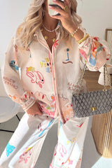 Holiday Style Unique Print Long Sleeve Lapel Loose Shirt and Elastic Waist Casual Pocket Pants Set