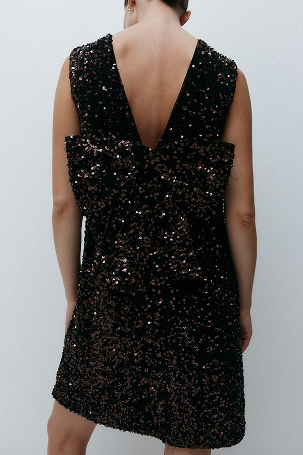Glam Season Velvet Sequin Back Oversized Bow Design Sleeveless Loose Mini Dress
