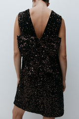 Glam Season Velvet Sequin Back Oversized Bow Design Sleeveless Loose Mini Dress