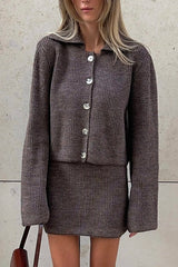 Fashion Lapel Bell Sleeve Knitted Cardigan and Casual Mini Skirt Set
