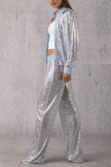 Fashion Sequined Loose Long-sleeved Shirt and Casual Elastic Waist Wide-leg Pants Set