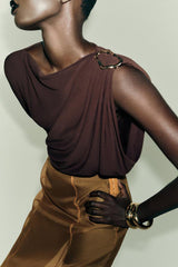 After Party Energy Brooch Detail One Sleeve Ruched Drape Stretch Bodysuit