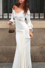 Fashion Lace Splicing Sexy V-neck Long-sleeved Slim Maxi Dress