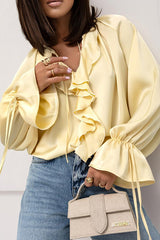 Satin Solid Color V-neck Tie Ruffle Casual Shirt