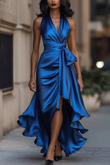 Solid Color Elegant V-neck Waist Irregular Ruffle Maxi Dress