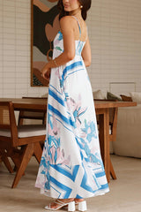 Botanical Print Halter Square Neck Pleated Loose Maxi Dress