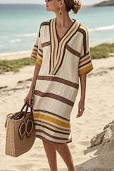 Fashion Striped Print V-neck Loose Holiday Midi Dress