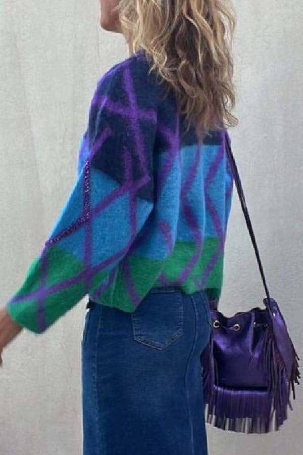 Aprill Color Block Sequined Crew Neck Sweater