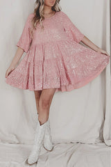 My Queen Sequined Round Neck Cute Style Mini Dress