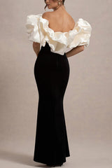 Cecily Velvet Off Shoulder Satin Structured Bardot Neck Stretch Maxi Dress