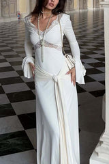 Fashion Lace Splicing Sexy V-neck Long-sleeved Slim Maxi Dress