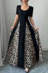 Fashionable Leopard Print Patchwork Slim Short-sleeved Maxi Dress